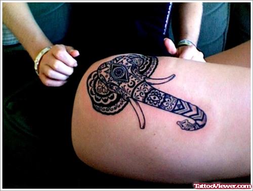Traditional Elephant Head Tattoo On Right Thigh