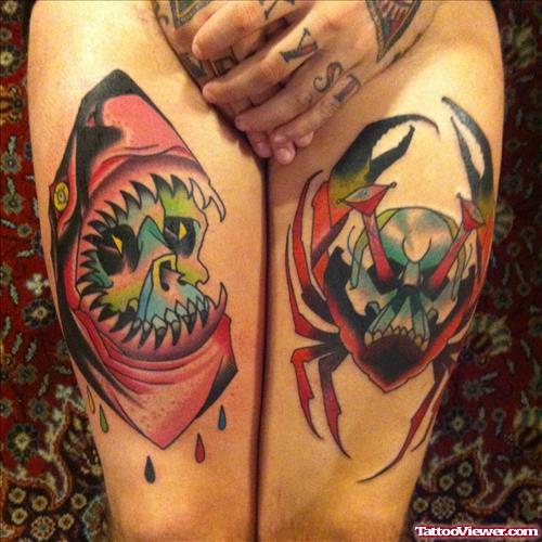 Shark Skull and Spider Skull Tattoos On Girl Thigh