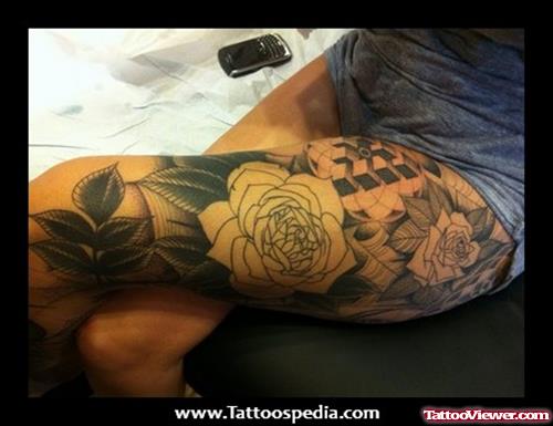 Rose Flowers Tattoos On Girl Left Thigh