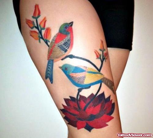 Red Lotus Flower And Colored Birds Thigh Tattoo