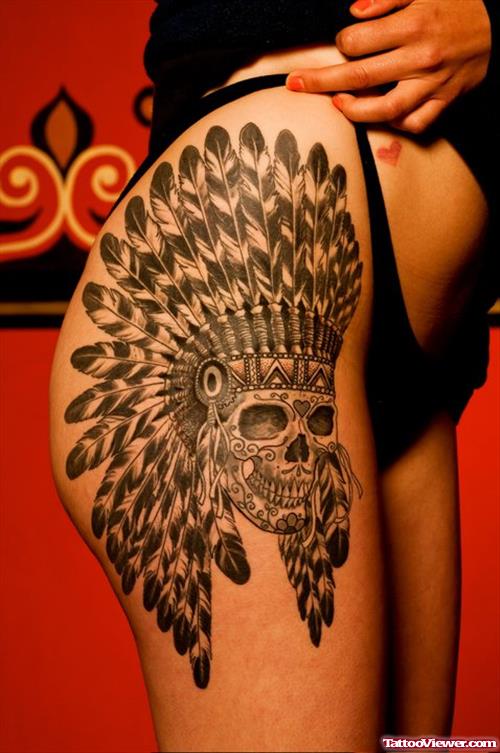 Native Skull With Feather Thigh Tattoo For Girls