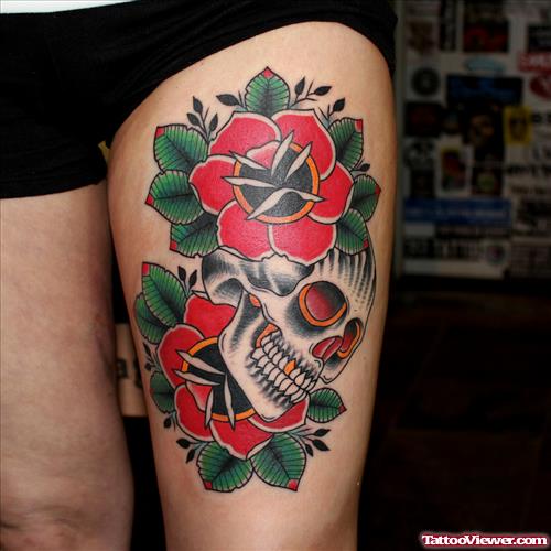 Grey skull And Red Flowers Thigh Tattoo