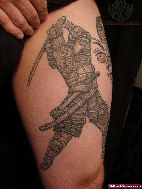 Grey Ink Samurai Thigh Tattoos