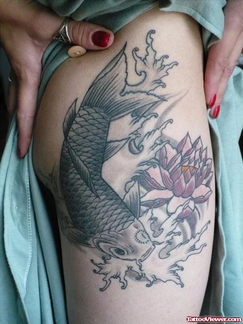 Grey Ink Fish And Lotus Flower Thigh Tattoo