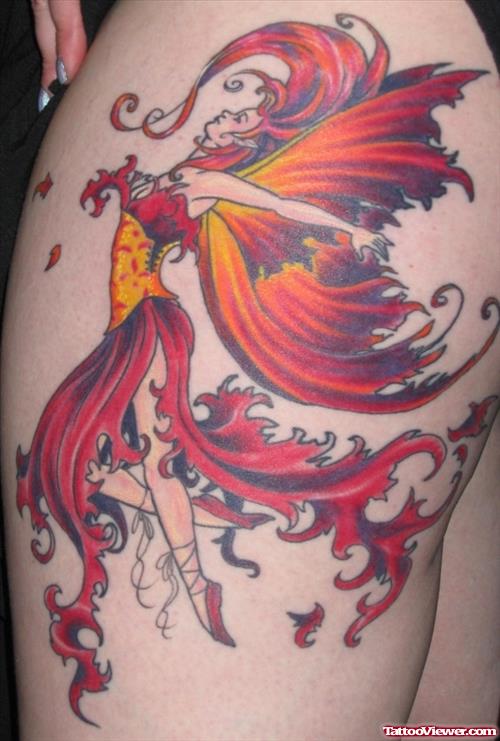 Colored Fairy Tattoo On Thigh