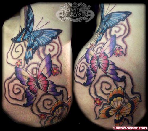 Colored Butterflies Thigh Tattoos