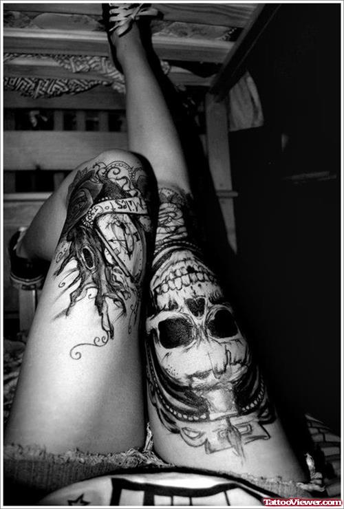 Skull And Compass Thigh Tattoos