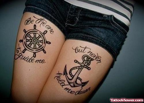 Sailor Wheel And Anchor Tattoos On Thigh