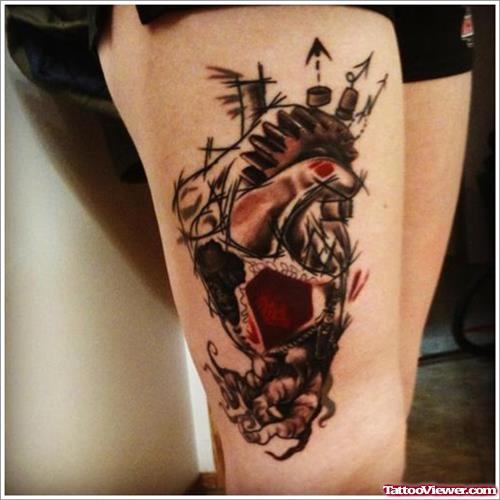 Grey Ink Abstarct Thigh Tattoo For Girls