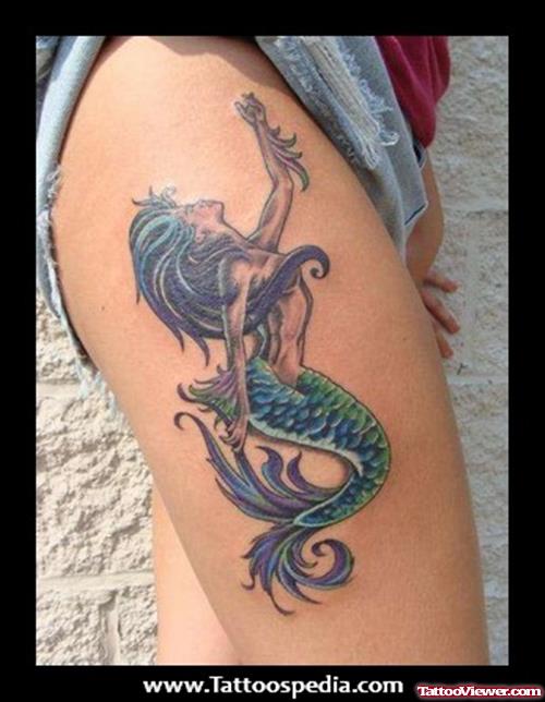 Colored Mermaid Right Thigh Tattoo