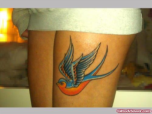 Colored Flying Swallow Thigh Tattoo