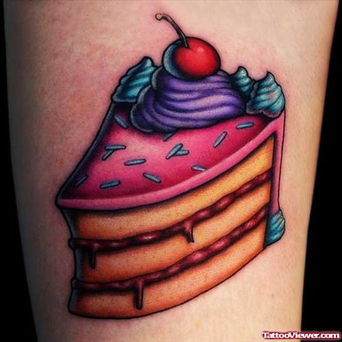 Colored Cherry Cake Thigh Tattoo