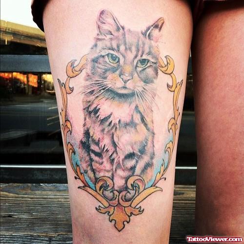 Colored Cat Tattoo On Right Thigh