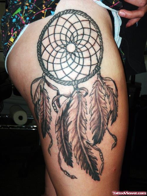 Awesome Thigh Dreamcatcher Tattoo