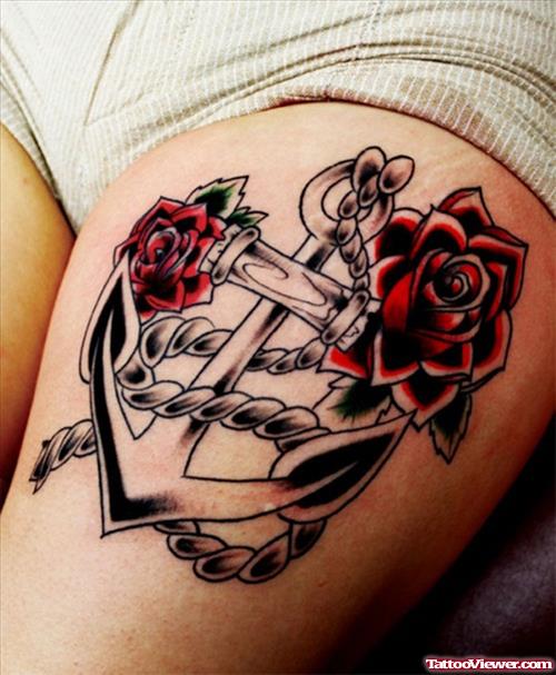 Red Roses And Anchor Thigh Tattoos
