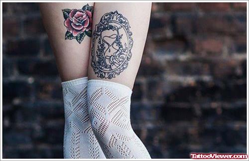 Red Rose And Hourglass Thigh Tattoos