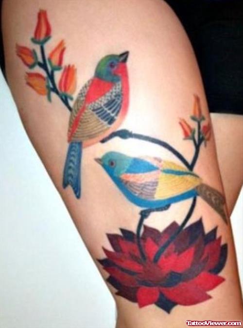 Red Lotus Flower And Sparrow Thigh Tattoo