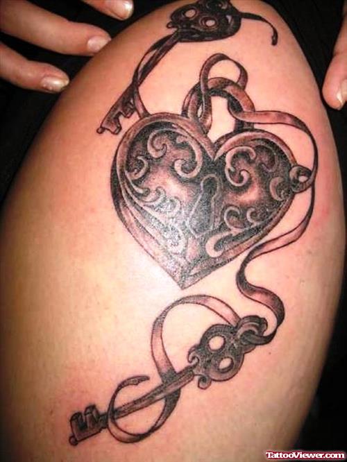 Grey Ink Lock Heart And Key Thigh Tattoo
