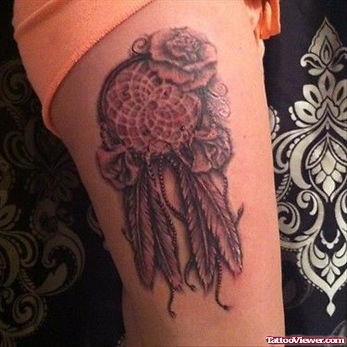 Grey Ink Flowers And Dreamcatcher Thigh Tattoos