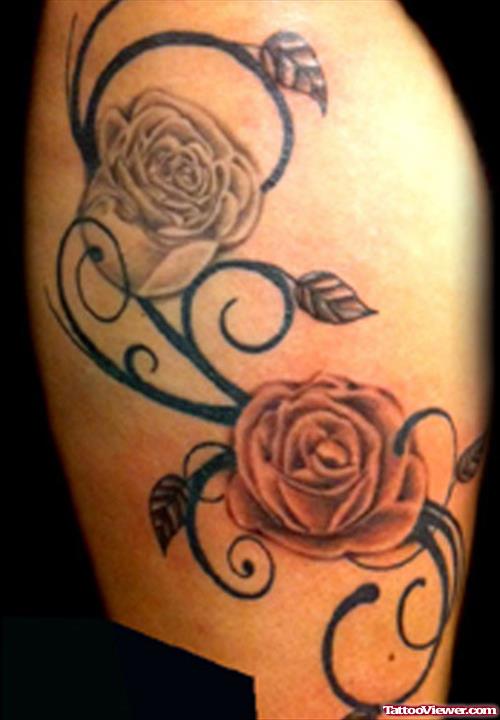 Grey And Red Rose Thigh Tattoo