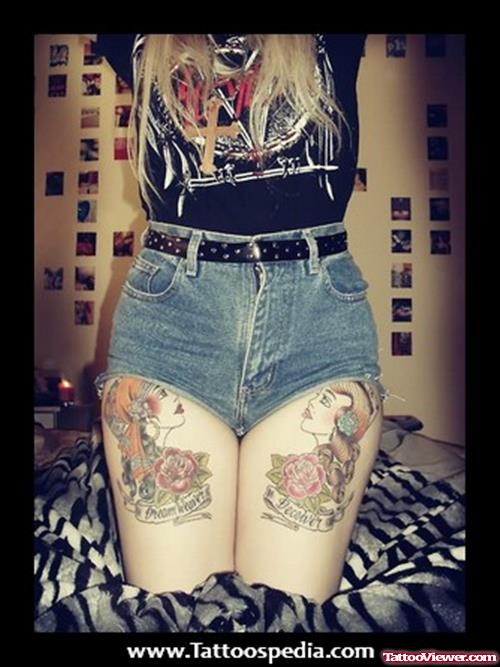 Girl Heads and Flowers Thigh Tattoos