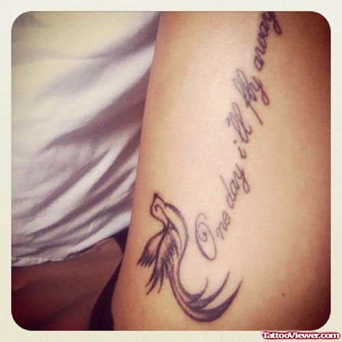 Flying Bird And Lettering Thigh Tattoo