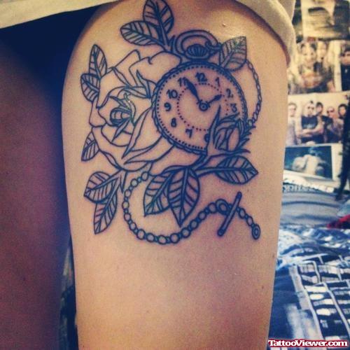 Clock And Thigh Rose Tattoo