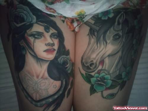 Girl And Horse Head Tattoos On Thigh