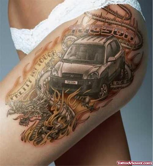 Car And Dragon Thigh Tattoo