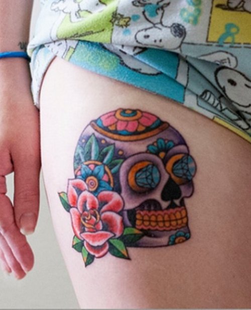 colored Sugar Skull And Rose Flower Thigh Tattoo