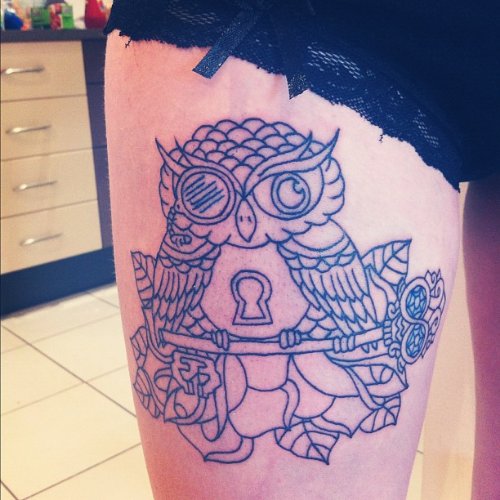 Lock Heart And Flower Right Thigh Tattoo