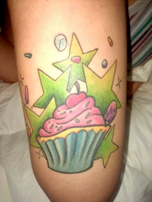 Cupcake And Green Stars Thigh Tattoos