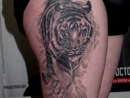 Grey Ink Walking Tiger Thigh Tattoo