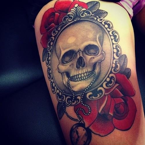 Red Rose And Grey Skull Thigh Tattoo For Girls