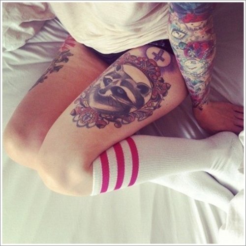 Grey Ink wilf Head In Frame Thigh Tattoo