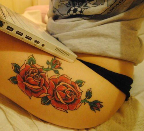 Red Roses Left Thigh Tattoos