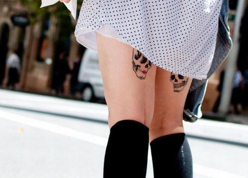 Skulls Tattoos On Girl Back Thighs