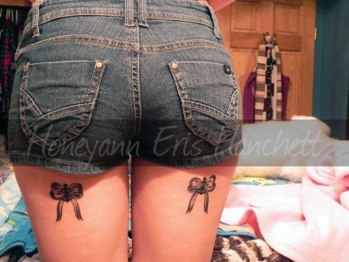 Grey Ink Bow Tattoos Back Thighs