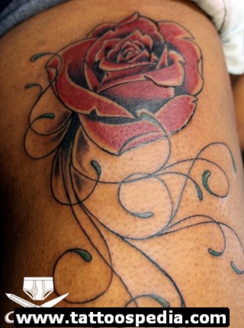 Red Rose Flower Tattoo On Thigh
