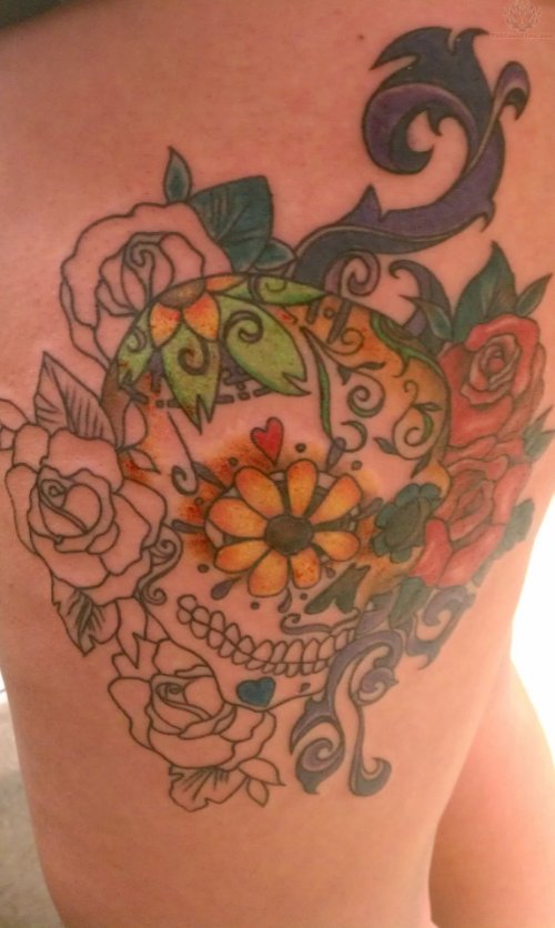 Colored Flowers Left Thigh Tattoo