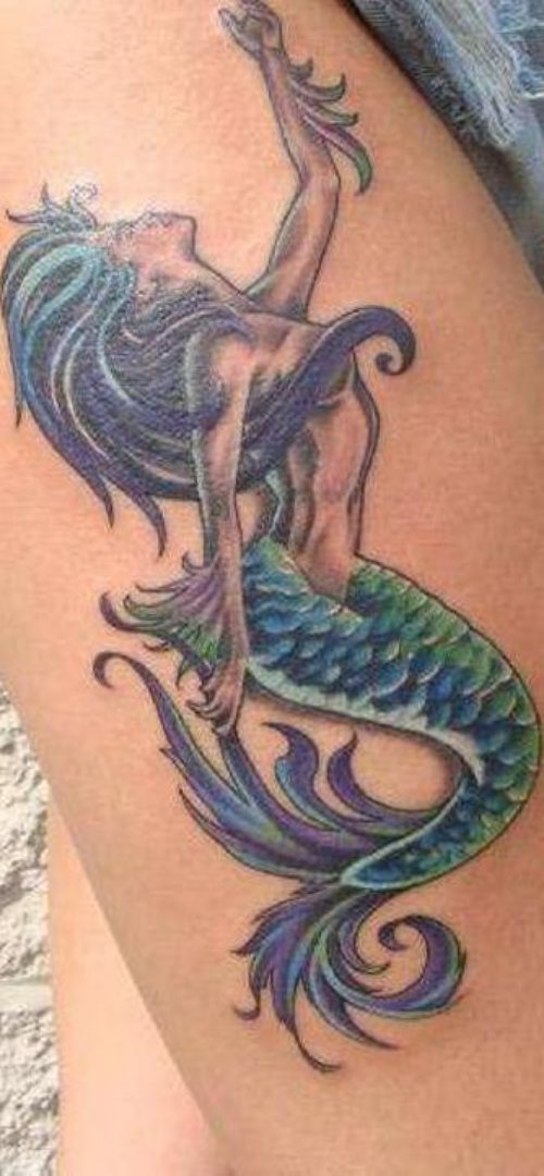 Colored Mermaid Thigh Tattoo