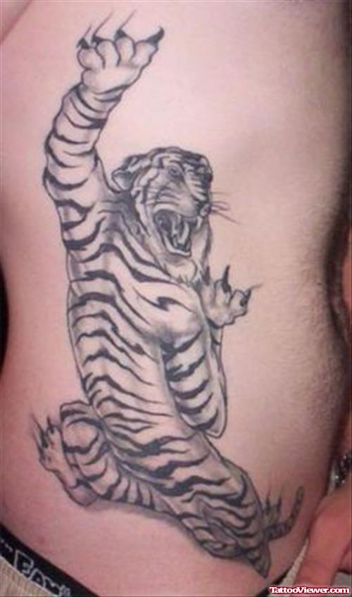 Grey Ink Tiger Tattoo On Man Side