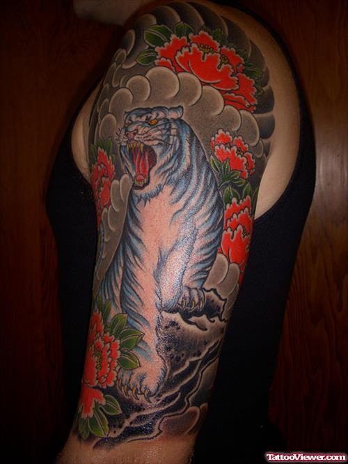 colored Tiger Tattoo On Left Half Sleeve