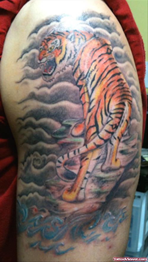 Awesome Tiger Tattoo On Left Half Sleeve