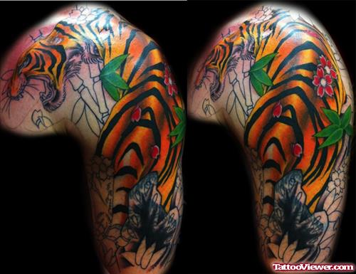 Awesome Color Ink Tiger Tattoo On Left Shoulder