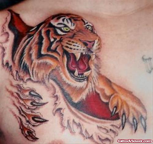 Ripped Skin Colored Tiger Tattoo On Chest