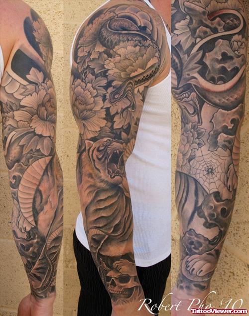 Grey Ink Tiger Tattoos On Both Sleeve