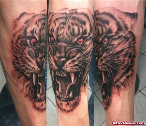 Grey Ink Roaring Tiger Head Tattoo On Sleeve