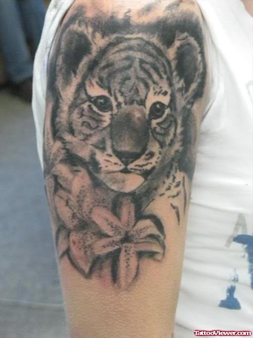 Grey Ink Flowers and Tiger Tattoo On Right Half Sleeve