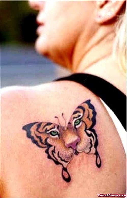 Butterfly Tiger Face Tattoo On Back Shoulder